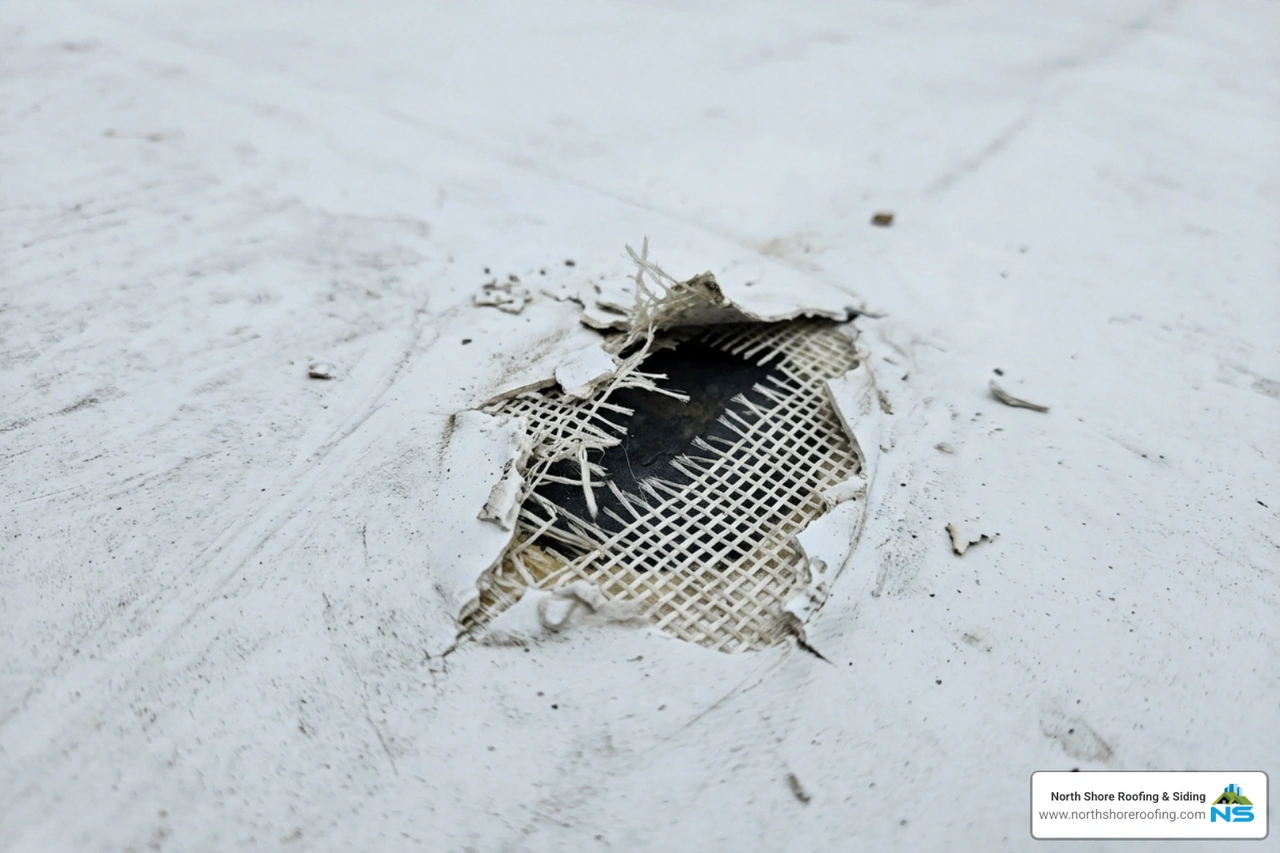 Punctured TPO membrane close-up Punctured TPO membrane close-up