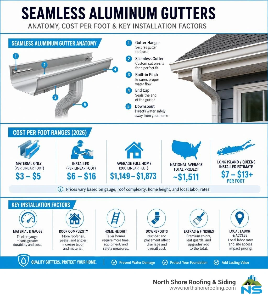 Infographic showing seamless aluminum gutter anatomy, cost per foot ranges, and key installation factors infographic Infographic showing seamless aluminum gutter anatomy, cost per foot ranges, and key installation factors infographic