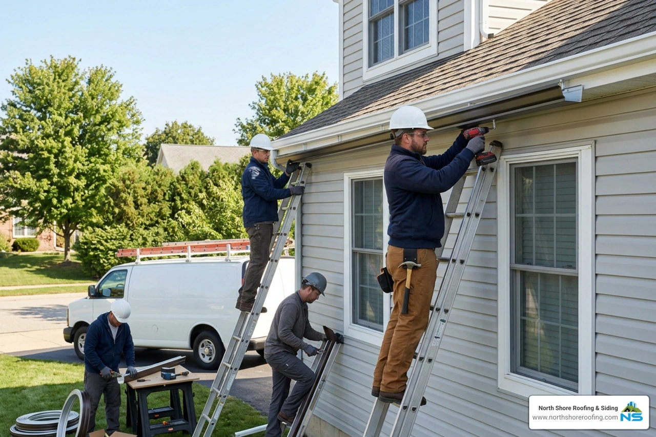 Professional gutter installation crew mounting seamless aluminum gutters Professional gutter installation crew mounting seamless aluminum gutters