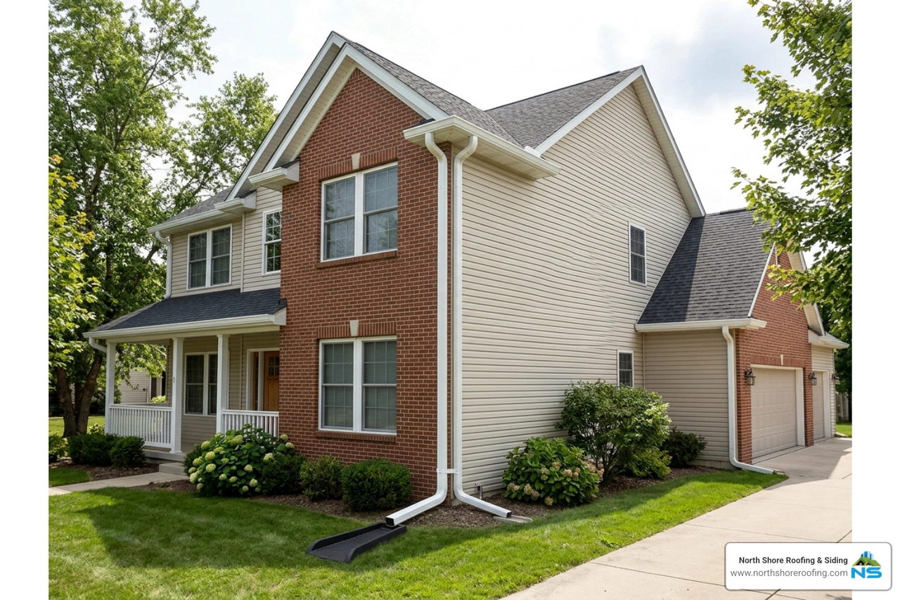Newly installed seamless aluminum gutters on a two-story home Newly installed seamless aluminum gutters on a two-story home