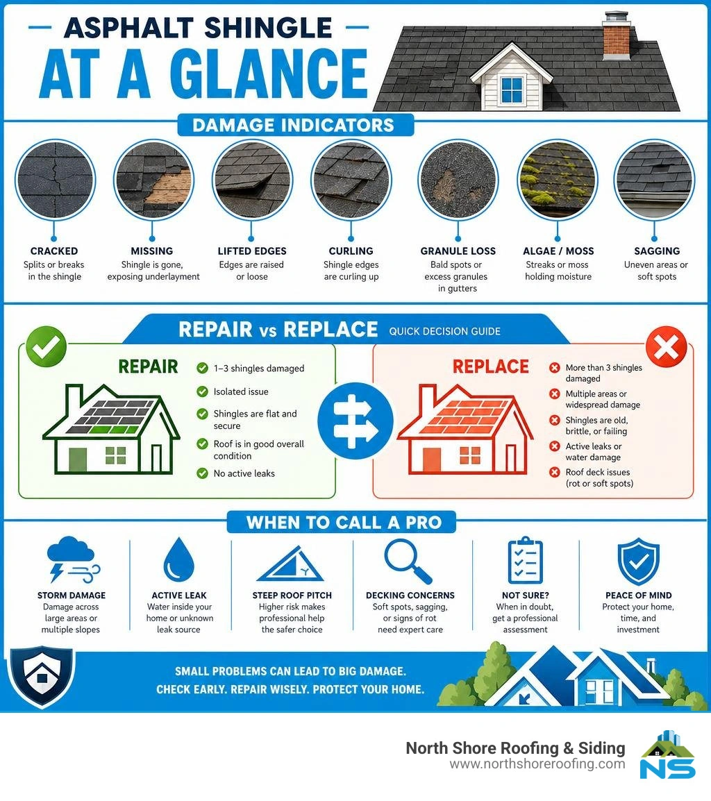 Infographic showing asphalt shingle damage indicators, repair vs replace decision guide, and when to call a pro infographic Infographic showing asphalt shingle damage indicators, repair vs replace decision guide, and when to call a pro infographic