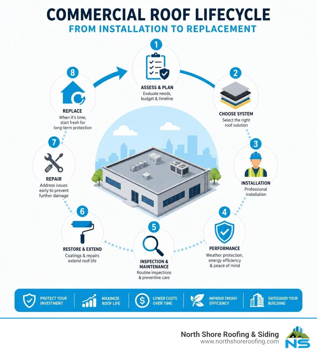 Commercial roof lifecycle from installation to replacement infographic infographic Commercial roof lifecycle from installation to replacement infographic infographic