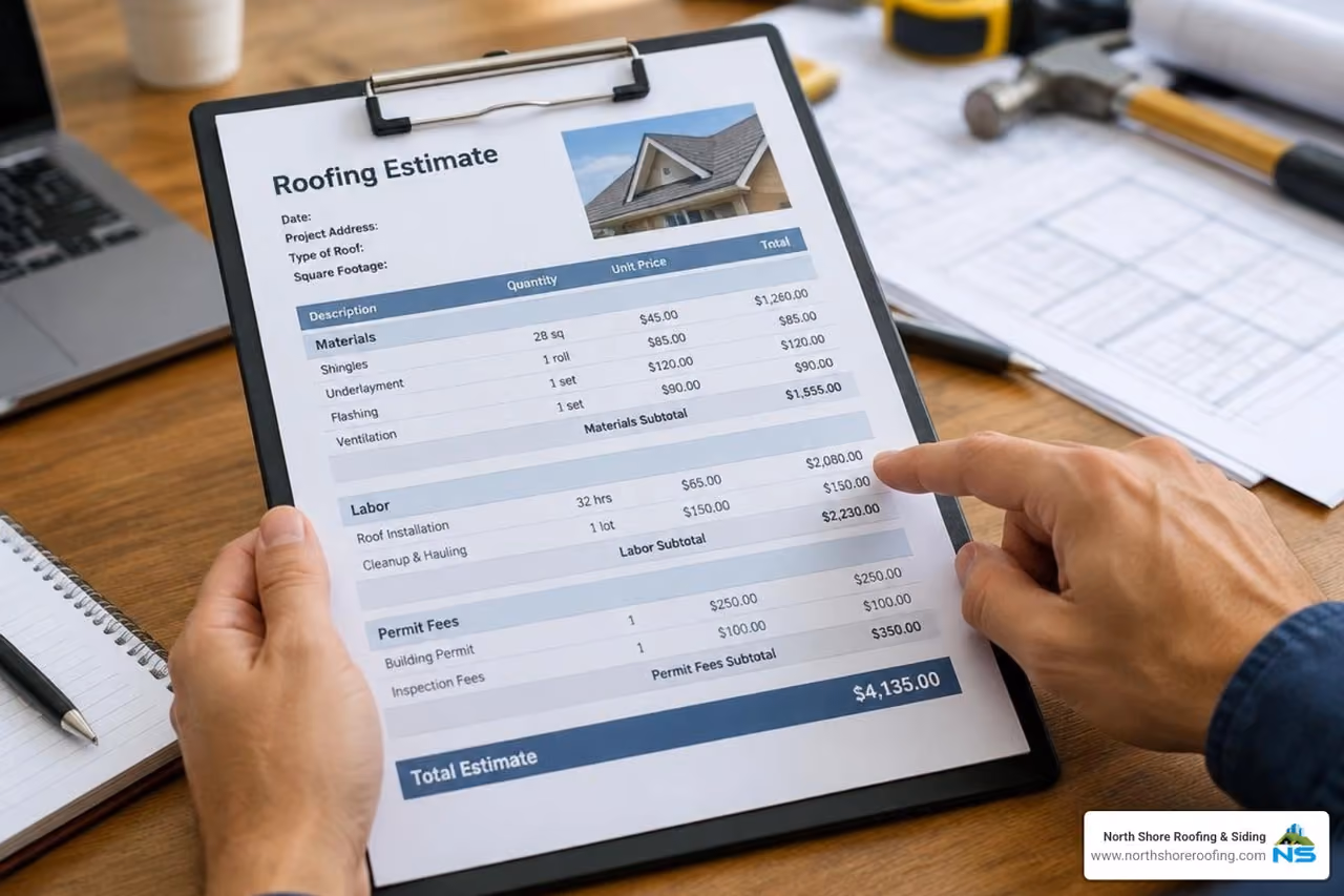 Detailed written roofing estimate breakdown - Find reliable roofers on Long Island today with our 5-step guide to local licensing, coastal expertise, and verified customer ratings.