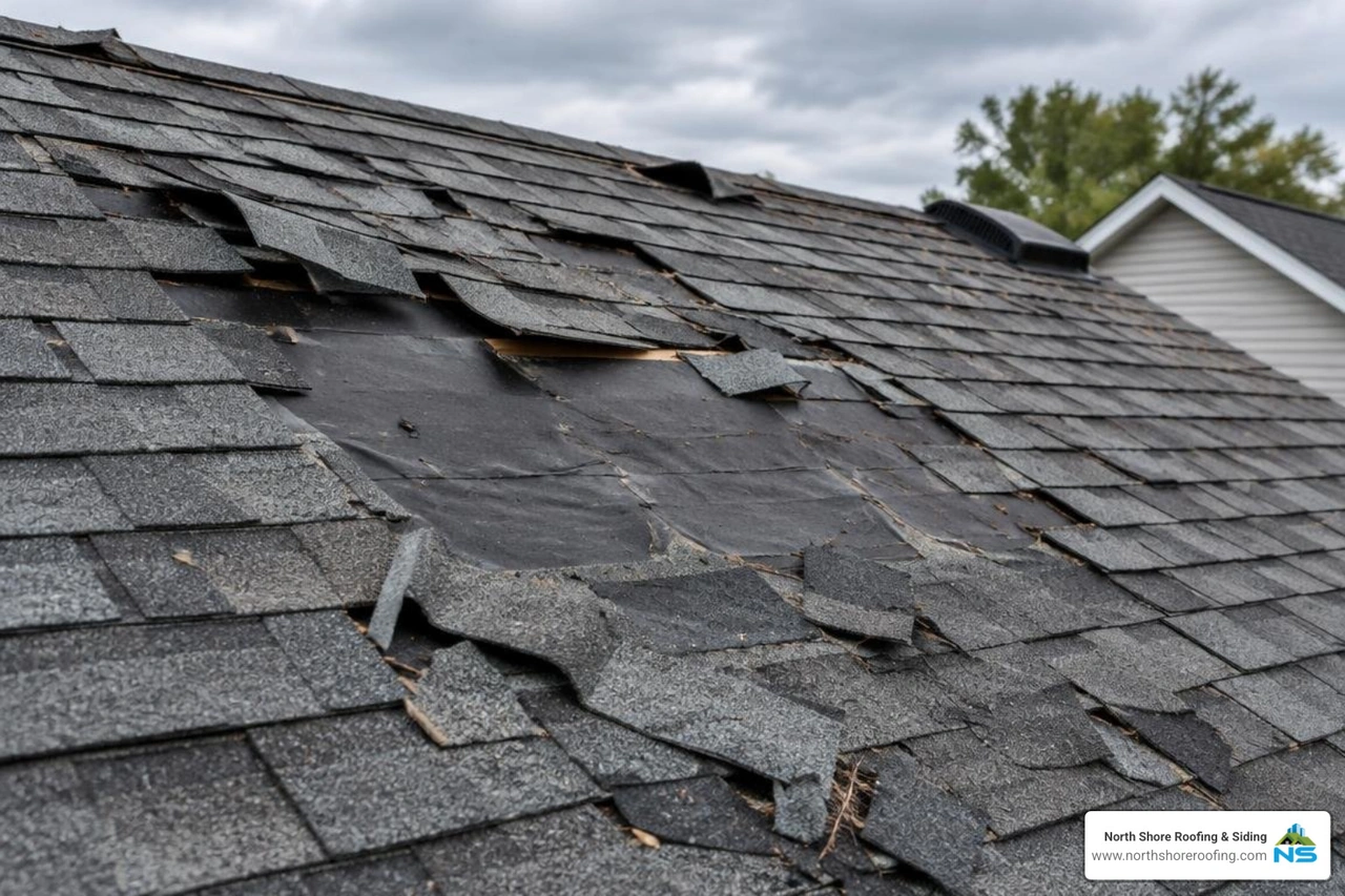 Storm damaged roof shingles requiring professional repair