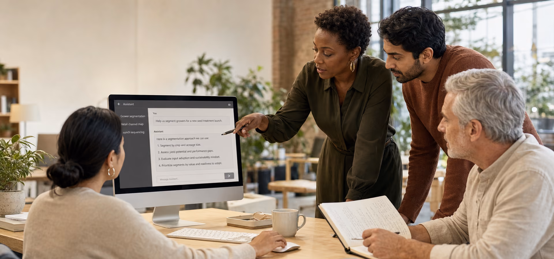Three diverse colleagues discuss segmentation strategy shown onscreen in modern office with plants and natural light.