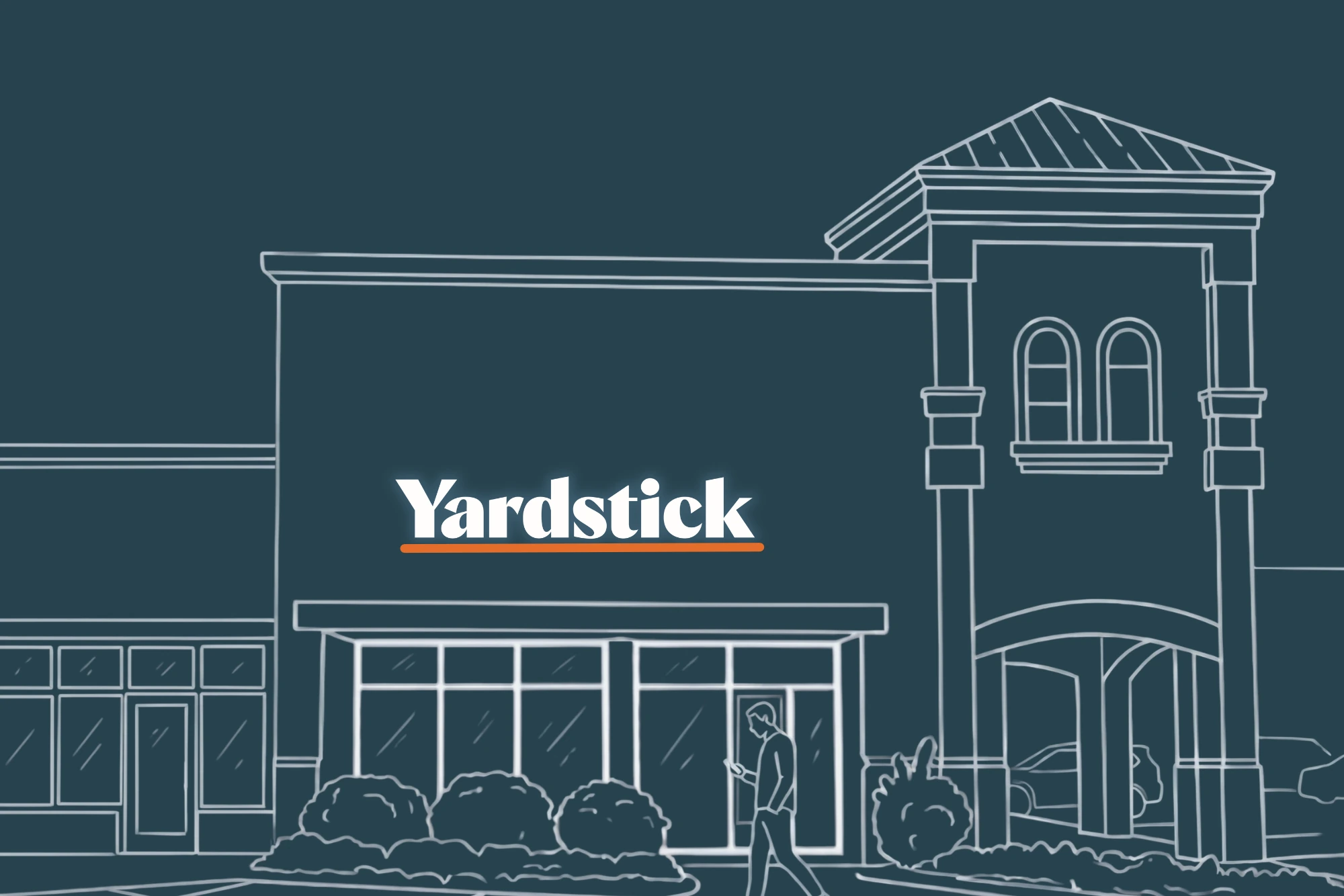 Illustration of the Yardstick Preston Hollow dog hotel exterior.