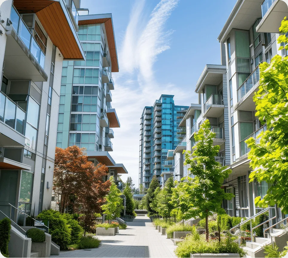 Modern residential buildings in a clean urban neighborhood, representing DMZ’s housing-focused accelerator program that supports startups solving housing challenges with mentorship and investor access.