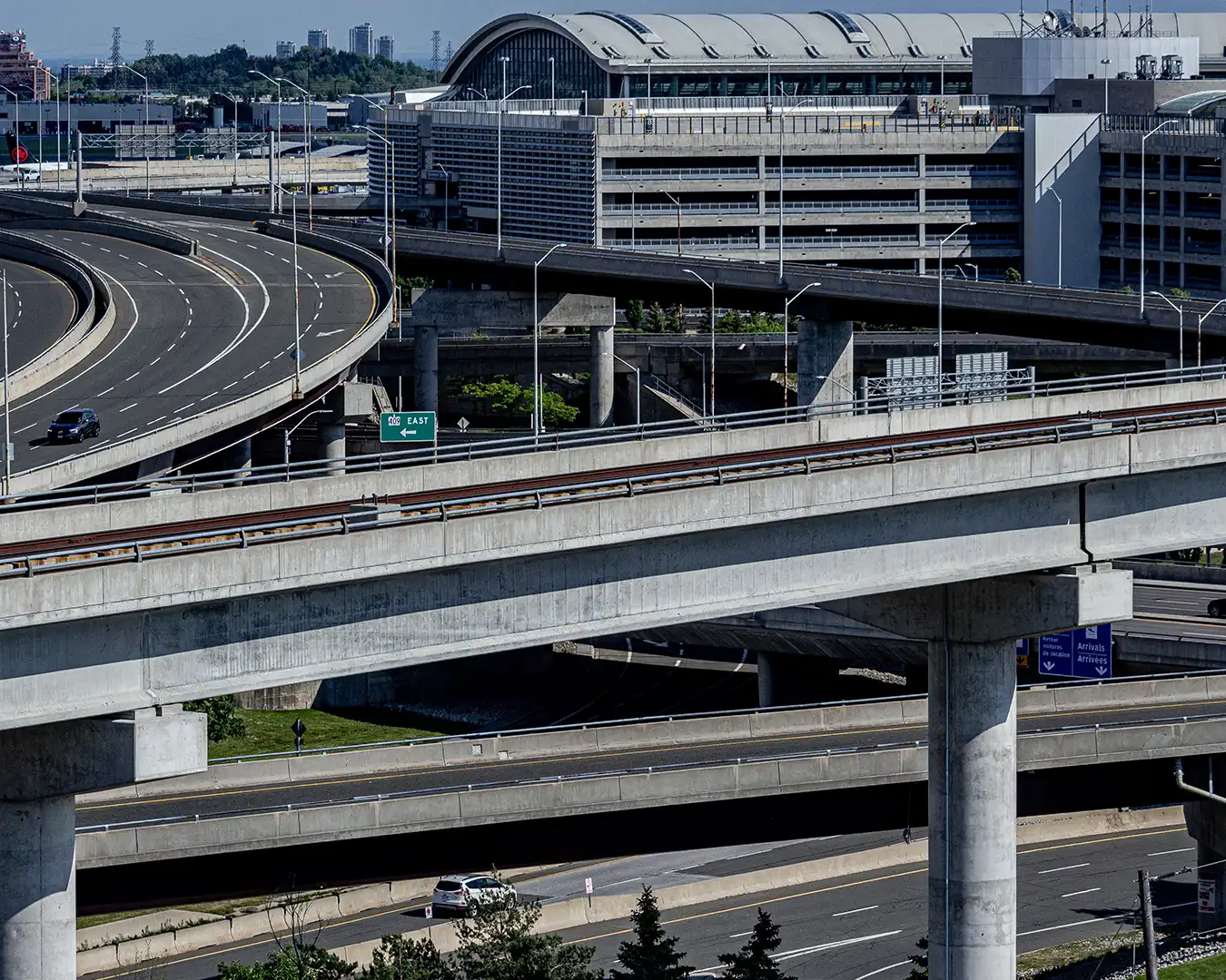 Overview of Toronto Pearson Airport access routes, highways, and parking lots illustrating transportation and mobility infrastructure at Canada’s busiest airport