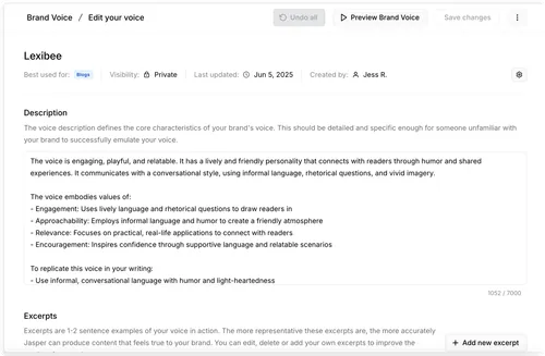 Screenshot of a brand voice editing interface showing the voice named Lexibee, best used for blogs, marked private, last updated June 5, 2025, created by Jess R. The description details an engaging, playful, and relatable voice with conversational style, humor, and rhetorical questions, highlighting values like engagement, approachability, relevance, and encouragement.