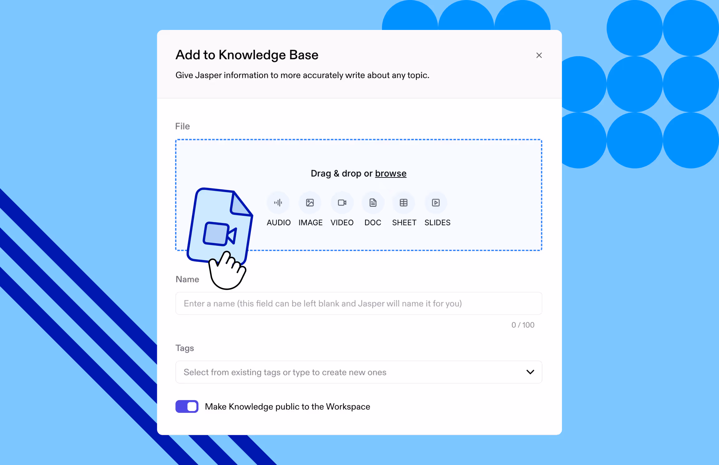 Upload images, text, slides, sheets, or audio for Jasper to reference as knowledge