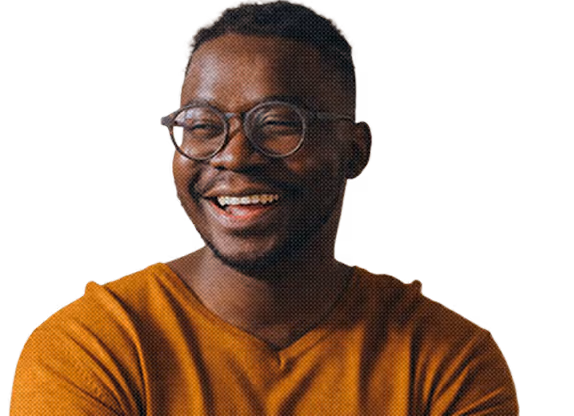 Smiling man wearing round glasses and an orange shirt against a transparent background.