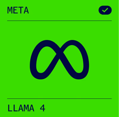 Meta logo in dark blue on bright green background with text 'META' and 'LLAMA 4' separated by thin black lines, a check mark icon near the top.