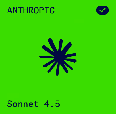 Green background with black text reading 'ANTHROPIC' and 'CLAUDE 3.7' separated by black lines, and a black circular checkmark icon above a radial burst symbol.