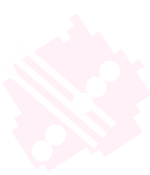 Abstract geometric design with overlapping white circles and thick white diagonal lines on a pink checkered background.