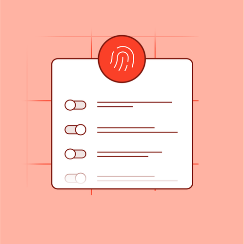 Graphic of a white rectangular interface with four toggle switches on a pink background, topped by a red circle featuring a white fingerprint icon.