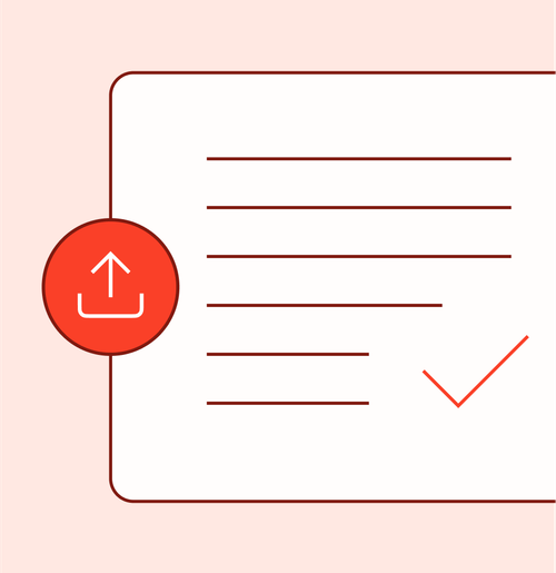 White rectangular form with horizontal lines and a red checkmark on the right, and a red upload icon on the left side.