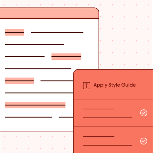 Illustration of a document with highlighted text and a side panel titled 'Apply Style Guide' showing checkmarks next to text items.