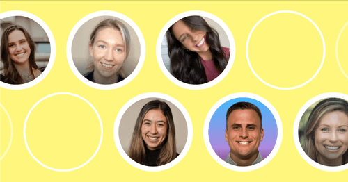 Seven portraits of smiling people arranged in white circular frames on a yellow background, with two empty white circles.