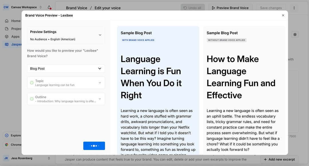 Official Jasper Brand Voice preview screen showing two sample blog posts side by side, one with Brand Voice applied titled Language Learning is Fun When You Do It Right and one without titled How to Make Language Learning Fun and Effective