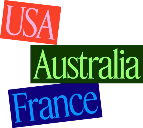 Colorful blocks with country names USA, Australia, and France in distinct fonts.