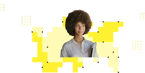 Young woman with curly afro hair wearing a white shirt and pearl necklace, holding a folder, looking to the side against an abstract yellow and black background.