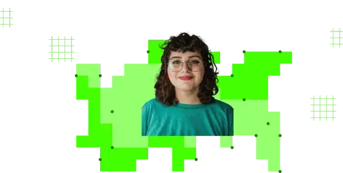 Smiling young woman with curly brown hair, glasses, and teal shirt against abstract green and black digital background.
