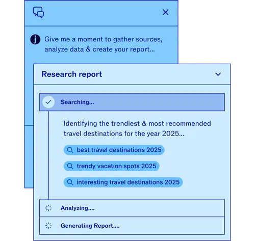 Chat interface showing a research report in progress with search queries for best travel destinations 2025, trendy vacation spots 2025, and interesting travel destinations 2025, along with status messages Searching, Analyzing, and Generating Report.