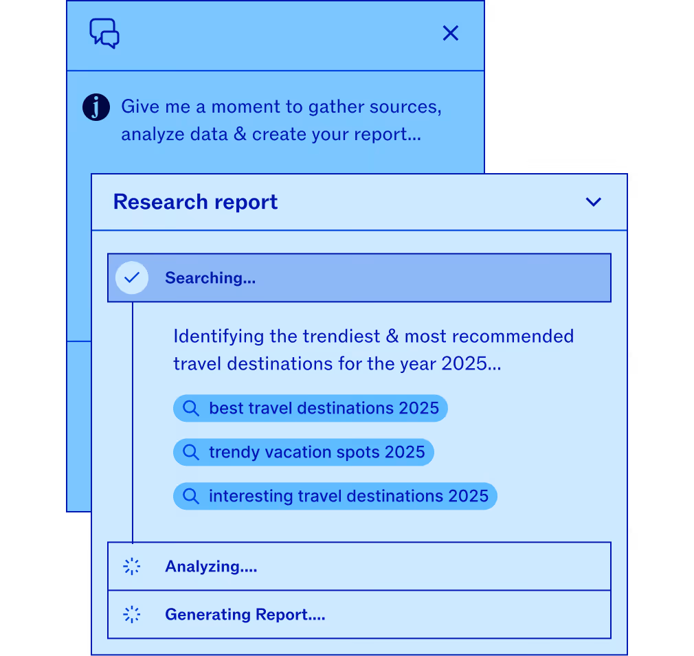 Chat interface showing a research report in progress with search queries for best travel destinations 2025, trendy vacation spots 2025, and interesting travel destinations 2025, along with status messages Searching, Analyzing, and Generating Report.