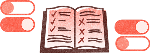 Illustration of an open book with checklist items showing three checkmarks on the left page and three crosses on the right page, surrounded by four red toggle switches.