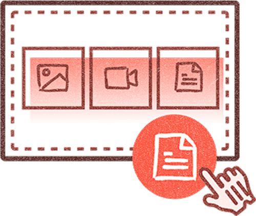Interface with three icons for image, video, and document; a hand cursor points to the document icon.