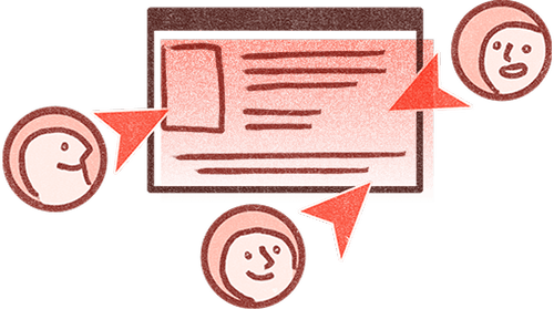 Illustration of three faces connected to a central rectangular document with arrows pointing from the faces to different parts of the document.