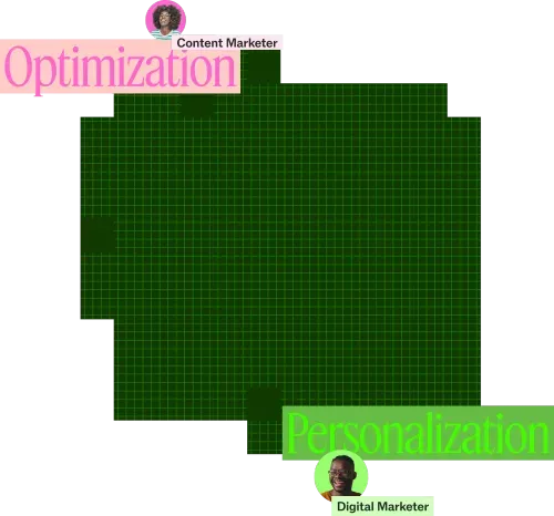 Graphic showing two labeled sections: 'Optimization' in pink with a content marketer's headshot, and 'Personalization' in green with a digital marketer's headshot.