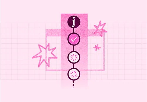 Vertical flow chart with four connected circles on a pink grid background, featuring a letter j, a checkmark, and two loading icons.