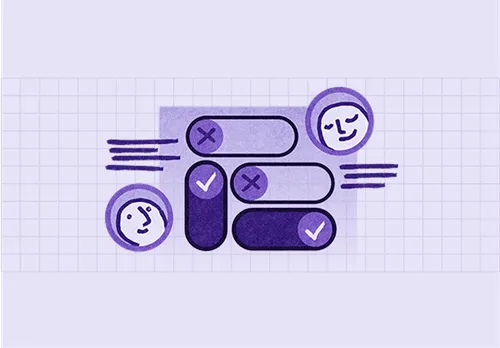 Illustration of two faces and four speech-like bubbles with check marks and crosses, on a grid background.