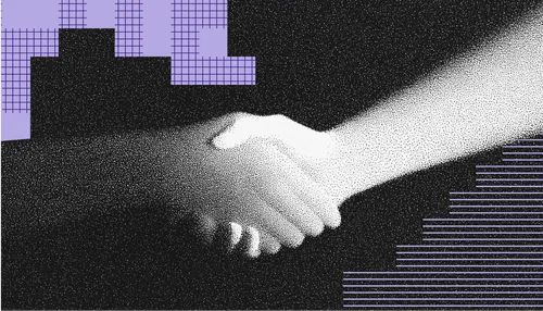 Black and white dot patterned illustration of two hands shaking, with purple grid and line graphic elements in the background.