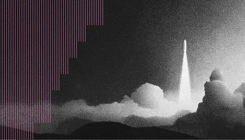 Black and white artistic dotted image of a rocket launching with smoke and clouds.