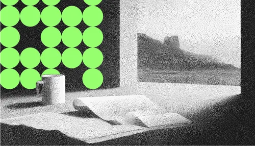 Black and white grainy image of a coffee mug and an open book on a table by a window with a mountain view poster.