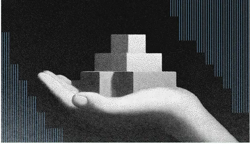 Black and white stippled hand holding a stepped block structure resembling a pyramid.