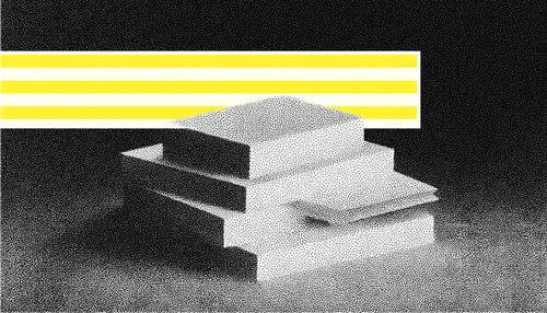 Abstract architectural illustration in black and white with yellow horizontal stripes in the background.