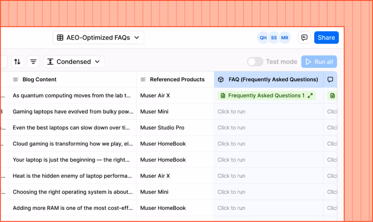 A Grid spreadsheet with blog titles, content and products being used to write FAQs