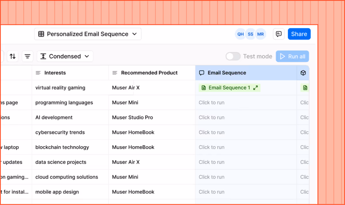 A Grid spreadsheet populated with users names, interests, and recommended products