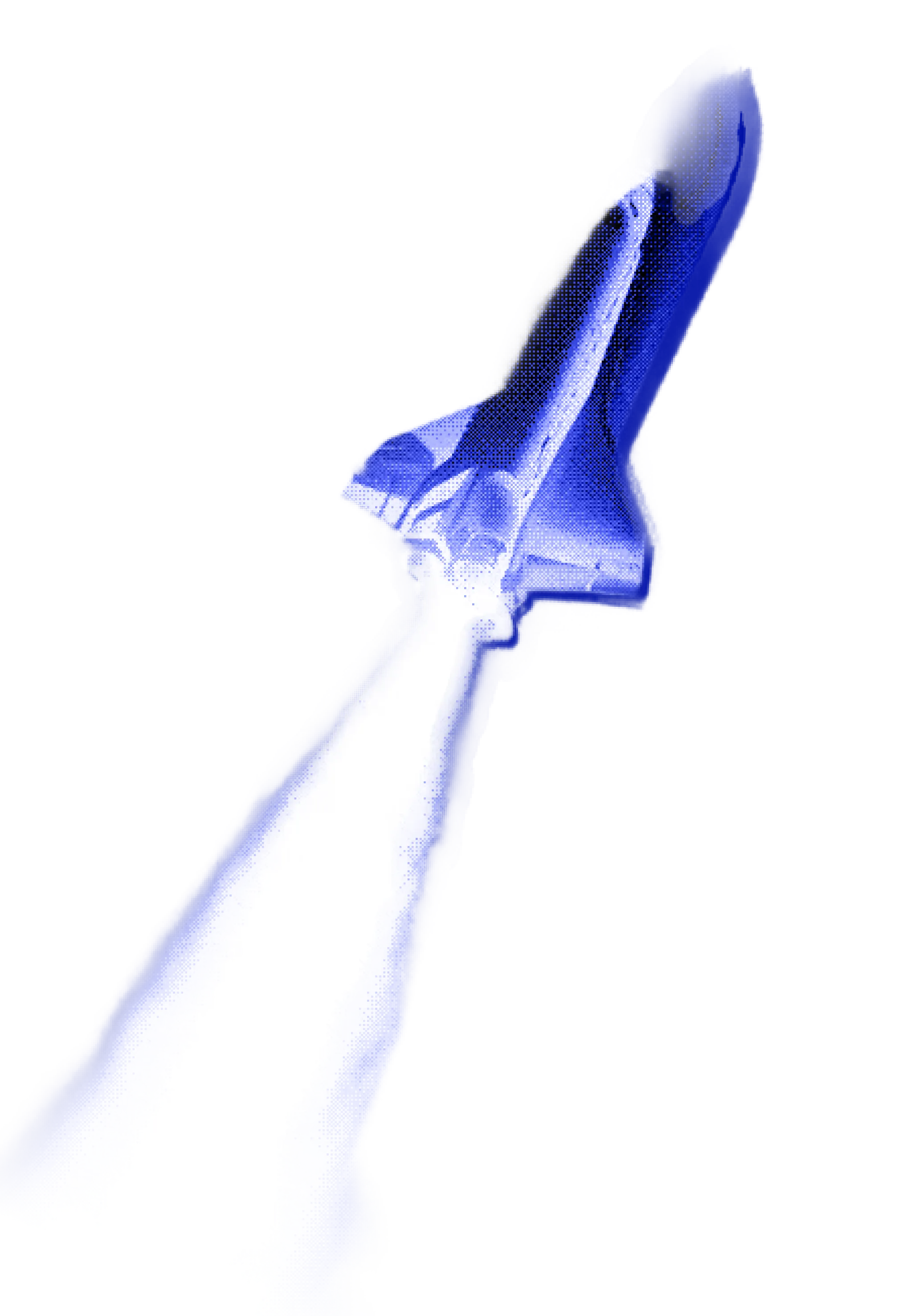 Space shuttle launching with bright white exhaust flames.