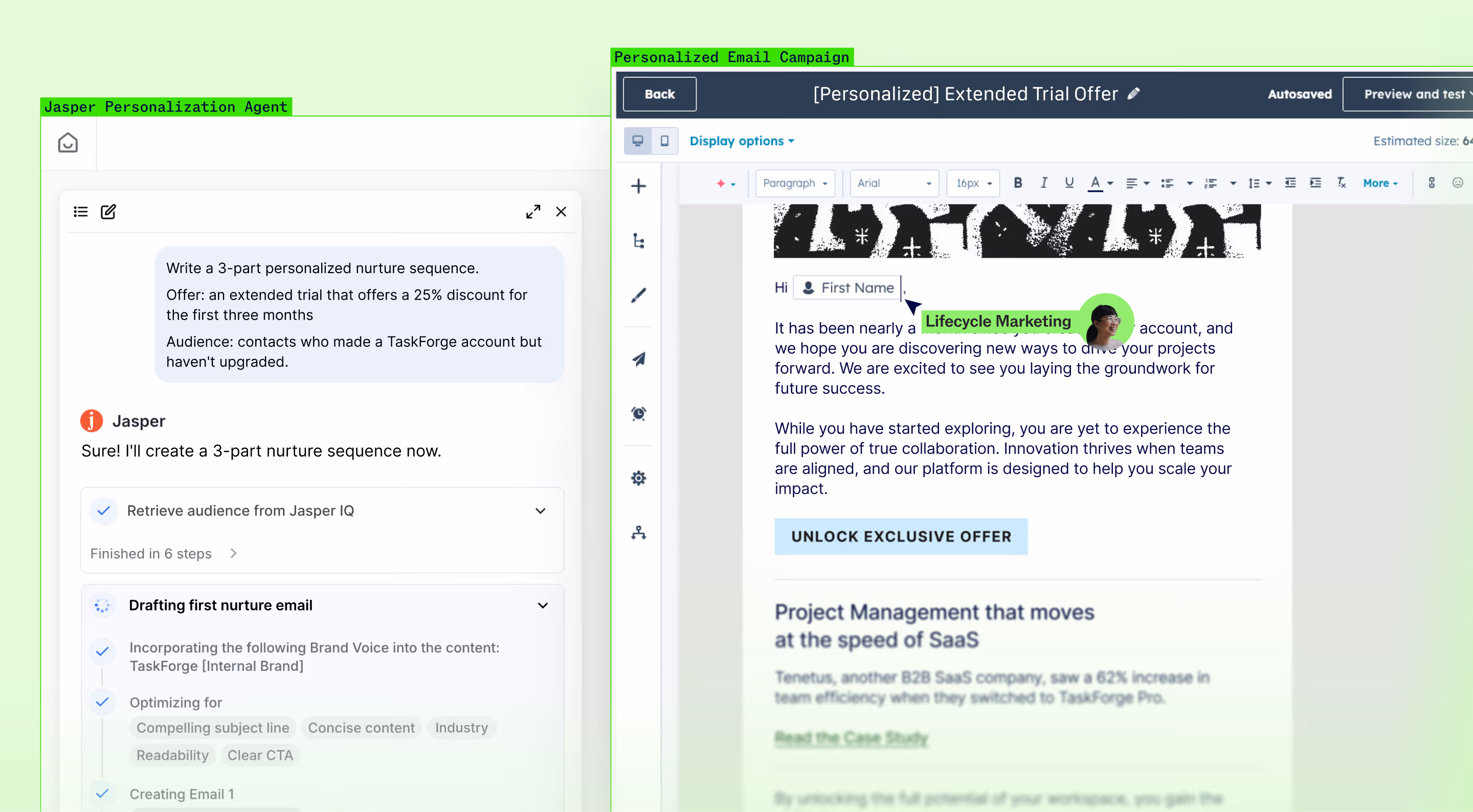 Split screen showing Jasper AI Personalization Agent drafting a lifecycle marketing email campaign with CRM data integration on the left and a personalized extended trial offer email preview on the right.