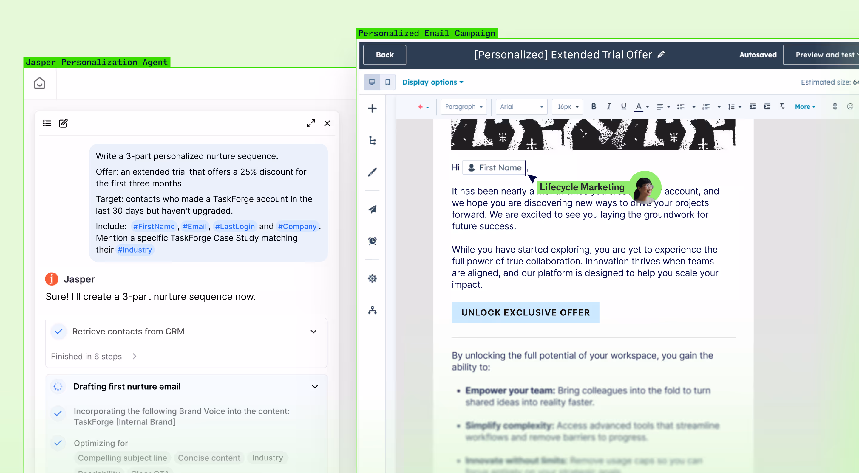 Split screen showing Jasper AI Personalization Agent drafting a lifecycle marketing email campaign with CRM data integration on the left and a personalized extended trial offer email preview on the right.