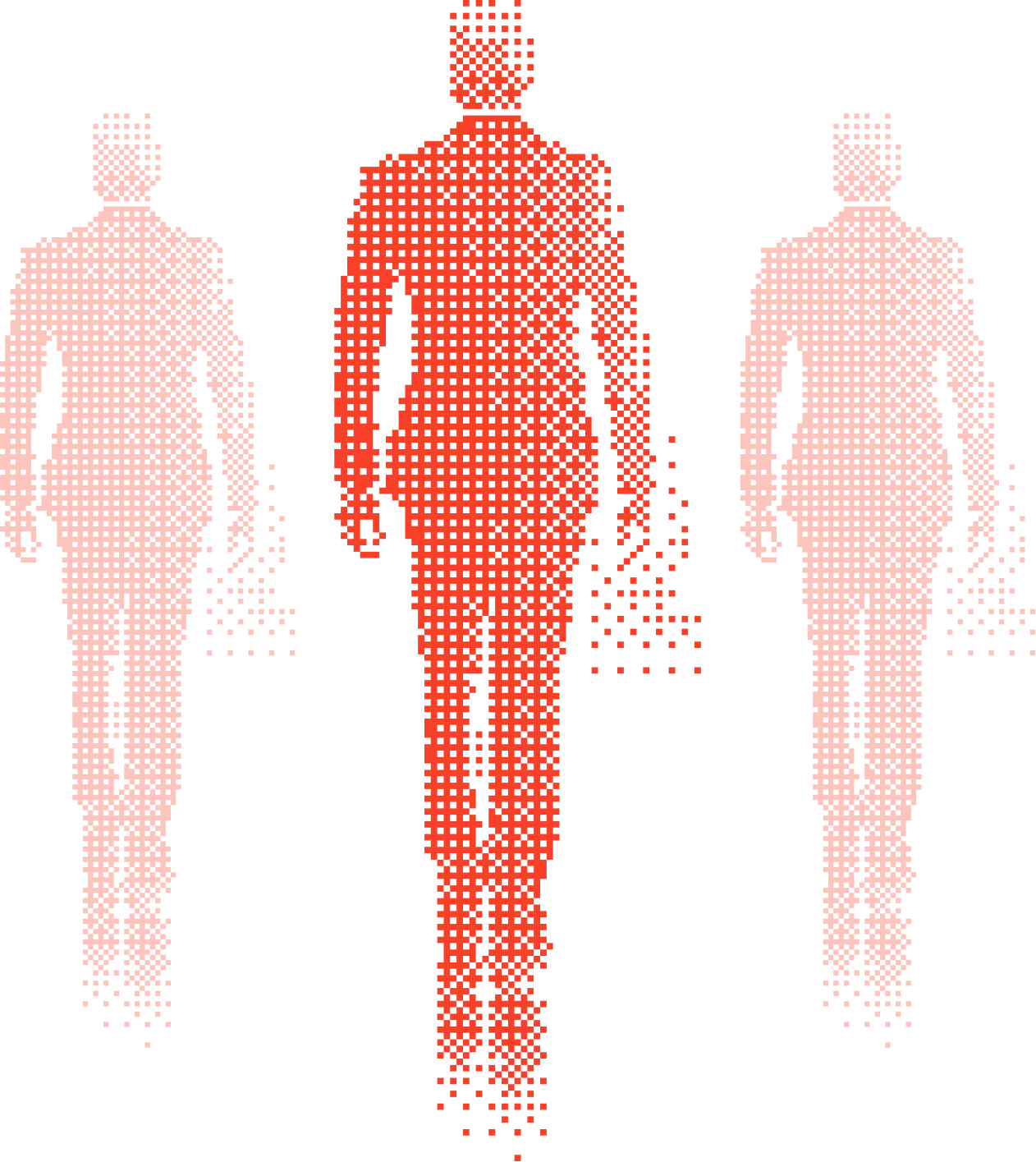 Three pixelated red silhouettes of business people walking forward, each holding a briefcase with a digital pixelated effect trailing behind.