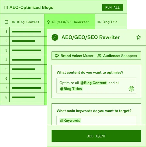 User interface of an AEO/GEO/SEO blog content optimizer showing options to optimize blog content and titles with brand voice and audience settings.