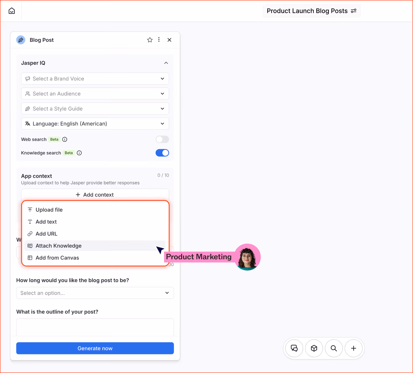 User interface screen showing a blog post creation tool with options to select brand voice, audience, style guide, language, and app context inputs like upload file, add text, add URL, and attach knowledge, with a pink label and avatar for Product Marketing.