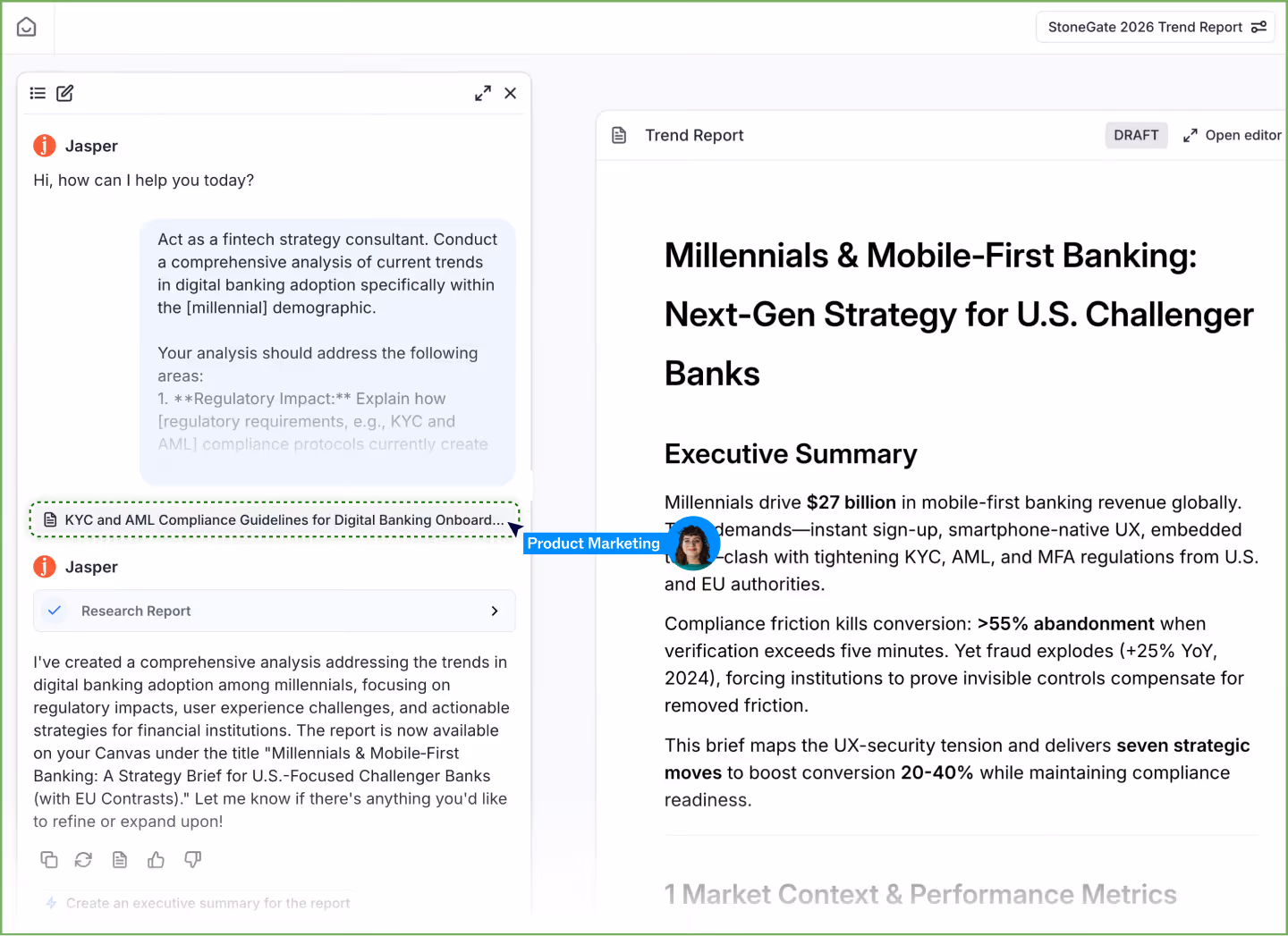 Screenshot of a digital assistant chat showing a fintech strategy briefing request about millennials and digital banking, alongside a draft trend report titled 'Millennials & Mobile-First Banking: Next-Gen Strategy for U.S. Challenger Banks' outlining executive summary and key statistics on mobile-first banking revenue and compliance challenges.