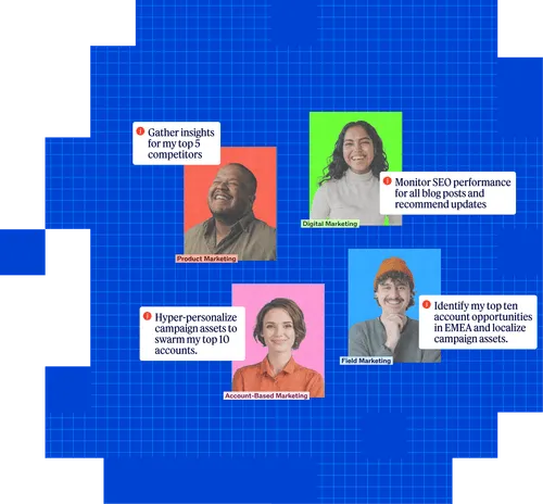 Four diverse marketing professionals with colored backgrounds labeled Product Marketing, Digital Marketing, Account-Based Marketing, and Field Marketing, each with related marketing task text boxes.
