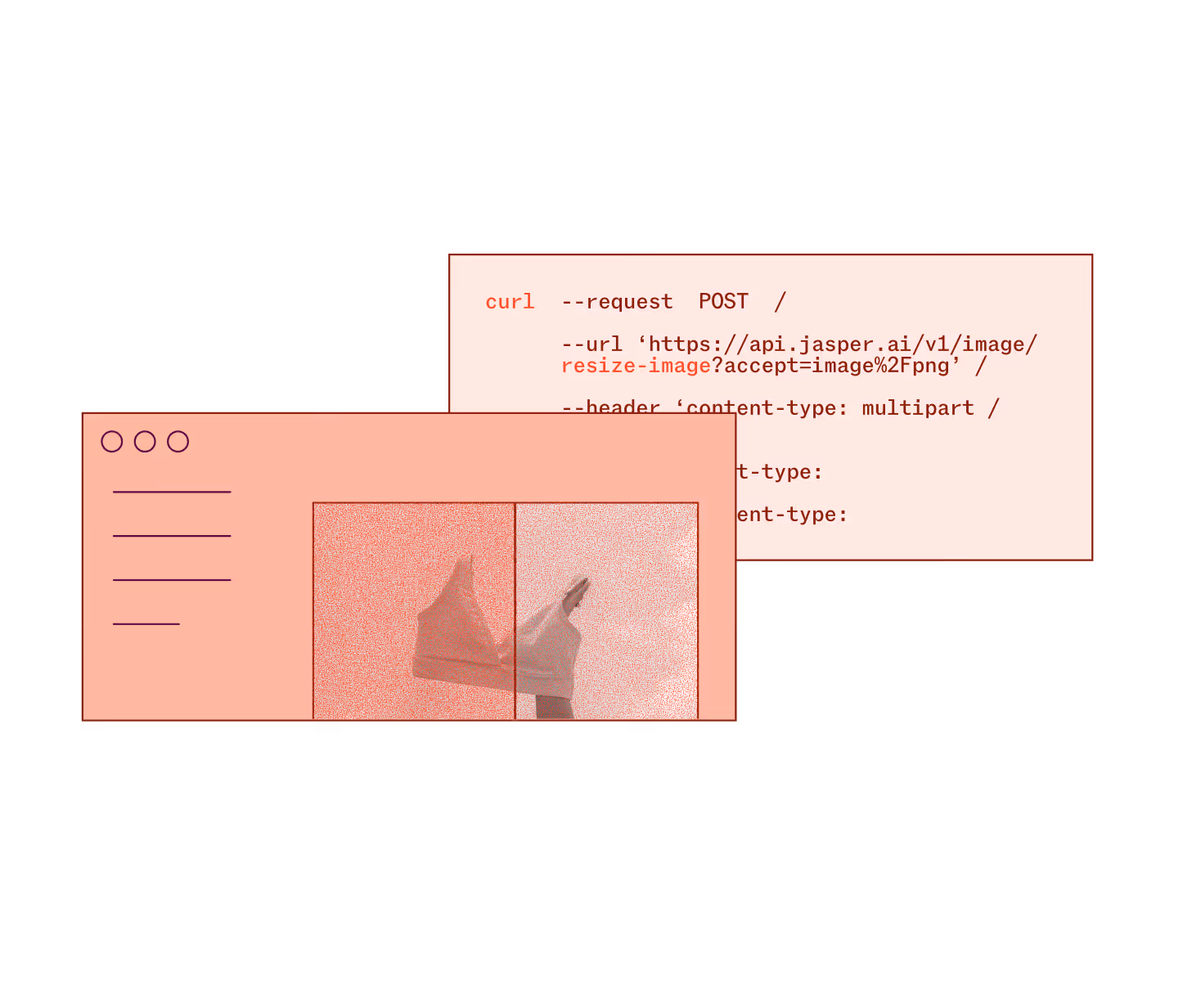 Screenshot of curl command for Jasper AI image resize API and a pink window showing side-by-side image comparison.